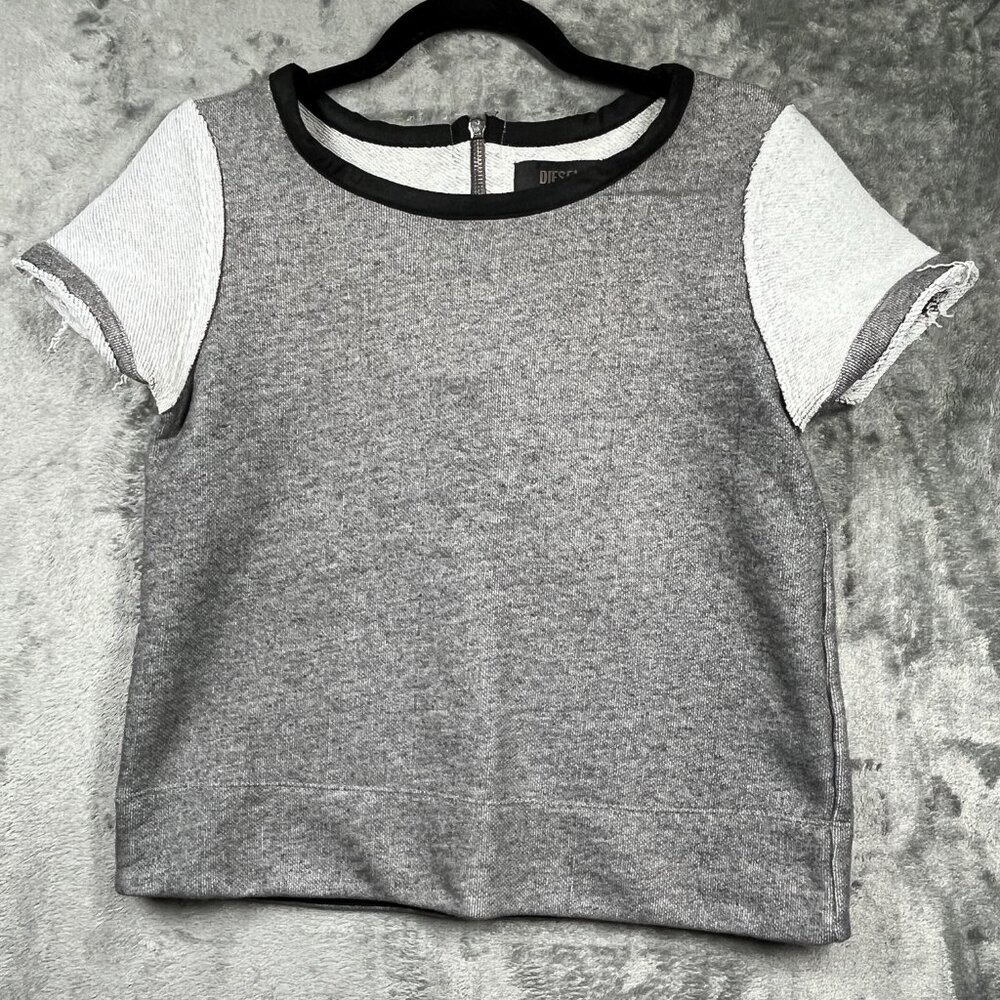 DIESEL Sweater Top Womens Size Small Grey Cotton Leather Application 17" PTP